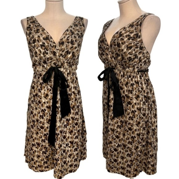 Bcbgmaxazria Animal Print Sleeves Silk Dress with Black Waist Sash - Picture 1 of 16